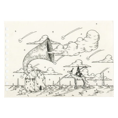 Ink sketch on cream sketchbook paper of a house with a large horn coming out of it, emitting smoke. A person riding a camel stands nearby.