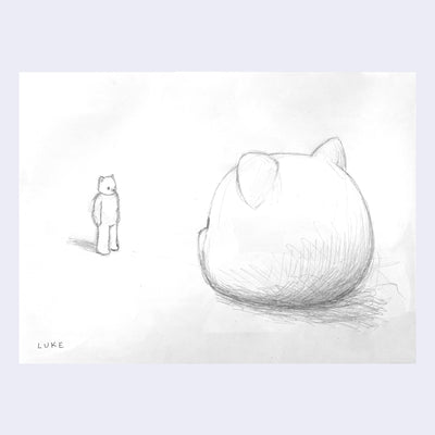 Graphite sketch of a small bear, standing and looking at a giant bear head.