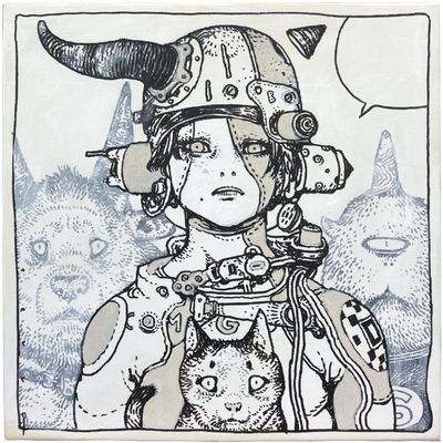Painting of an androgynous person wearing a helmet with one horn growing out of it. They have lots of futuristic outerwear and a cute cat in their lap. Background are slightly faded animals.