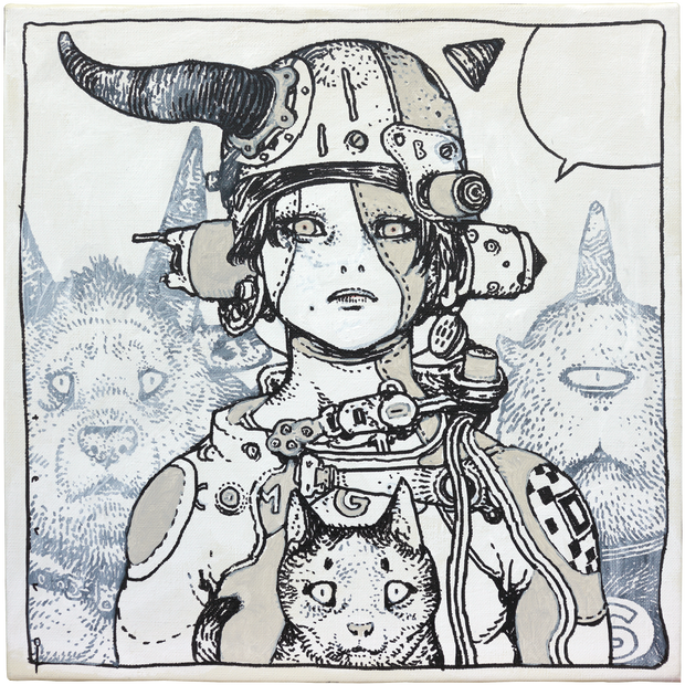 Painting of an androgynous person wearing a helmet with one horn growing out of it. They have lots of futuristic outerwear and a cute cat in their lap. Background are slightly faded animals.