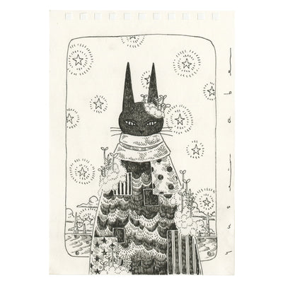 Ink sketch on cream sketchbook paper of a cat wearing a scarf and a patchwork cloak.