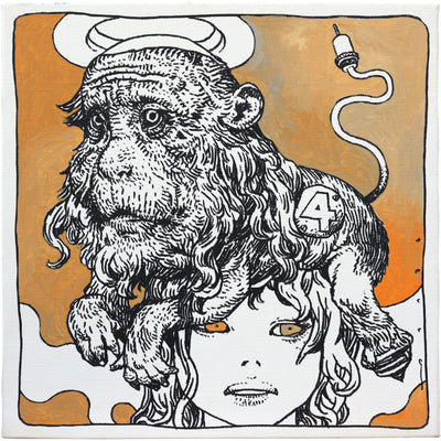 Painting of a woman's head, with a strange monkey atop her head. The monkey has an abnormally large head and small body, with an aux cord for a tail.