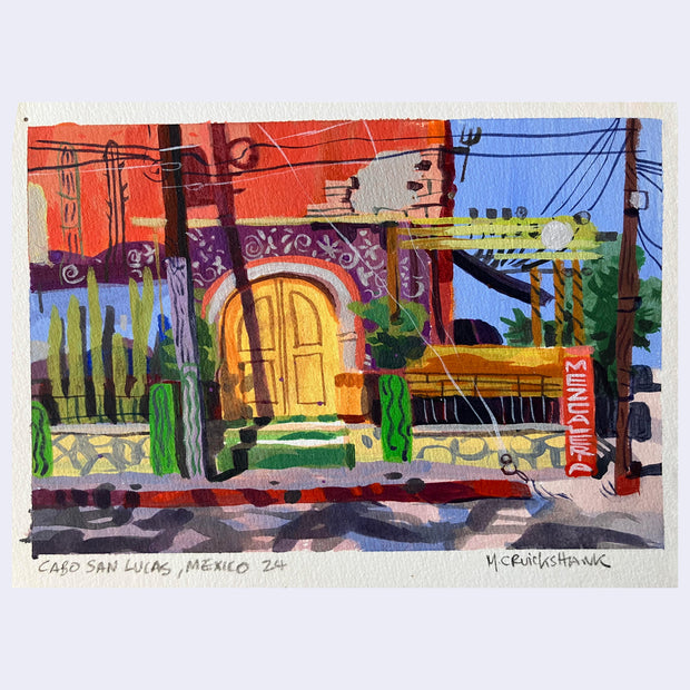 Plein air painting of a Mexican restaurant with a bright yellow door, an outdoor patio and a purple painted building exterior. A red sign on the edge reads "Mezcaleria"