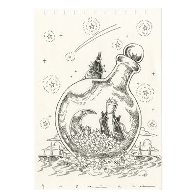 Ink sketch on cream sketchbook paper of a vial with lots of stars and a moon inside. 2 characters hold up a bucket of more stars.