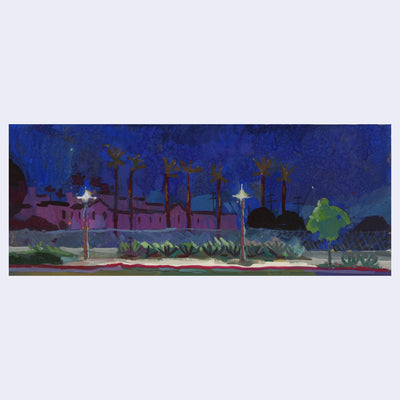 Plein air night time painting of a street with a red painted curb and 2 lamp posts. Plants line a gate, fencing in a large purple building in the background with palm trees.