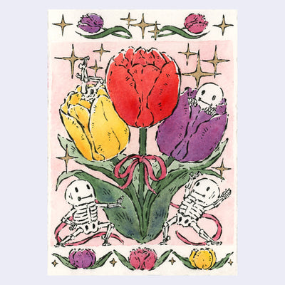 Ink and watercolor illustration of a bouquet of 3 tulips, with small cartoon skeletons decorating the scene. The top and bottom of the piece features tulip motifs.