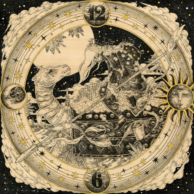 Fine lined ink illustration on partially exposed wood panel of a camel carrying a slouched person wearing a long robe and backpack. Atop the back of their head/neck grows little sprouts. The 2 are framed in a circular lunar/solar clock with 12 at the top and 6 at the bottom