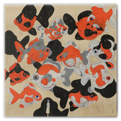 Painting on exposed wooden panel of many white, grey, orange and black goldfish. They are facing either left or right and swim above a small simplistic woman in the bottom of the piece.