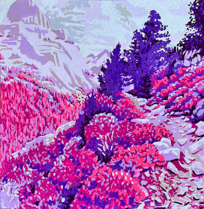 Landscape painting using bright pink and purples of a trail looking over a stream and in front of a tall mountain range. Pink bushy plants are on the side of the trail and tall purple pine trees behind it. 