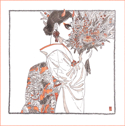Drawing of a woman in a kimono with a large decorative bow tied in the back. She is drawn in profile view and looks off to the side at the viewer. She has small horns atop her head and holds a large bouquet of flowers.