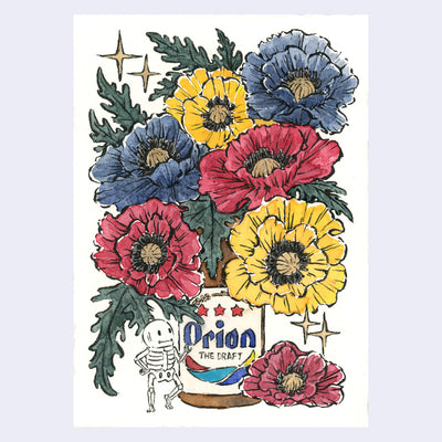 Ink and watercolor illustration of a blooming bouquet coming out of a bottle of Orion beer. A small skeleton stands near the bottle, resting an arm on it.