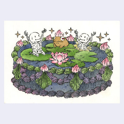 Ink and watercolor illustration of a frosted cake, decorated like a pond with navy frosting and lily pads on top. A small gold frog sits on a pad with a pink frosting swirl or meringue atop its head. 2 skeletons sit atop the cake as well, in comical poses.