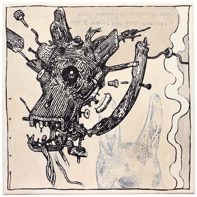Painting of a robotic dragon head, detached from any body with many mechanical parts coming off of it. A stream of smoke comes up from the right side of the piece.