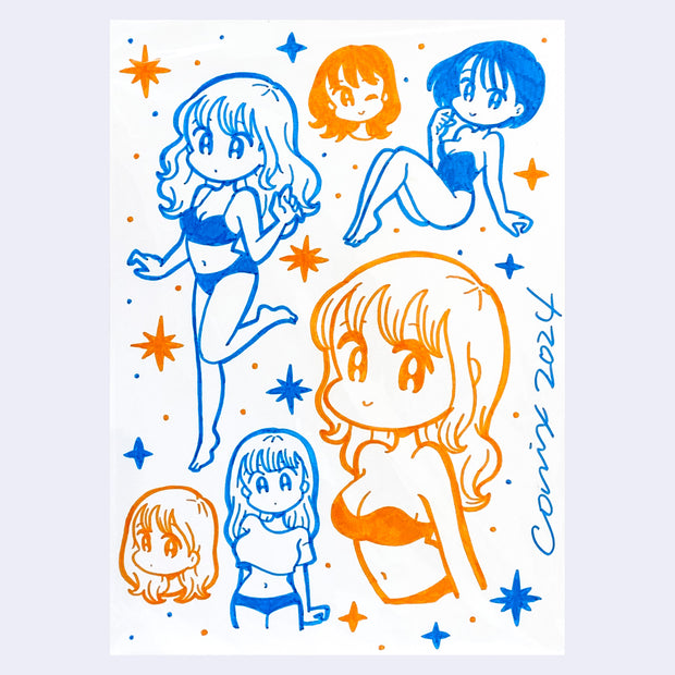 Orange and blue ink drawing on white paper of many cute anime style girls, in various poses and cute outfits.