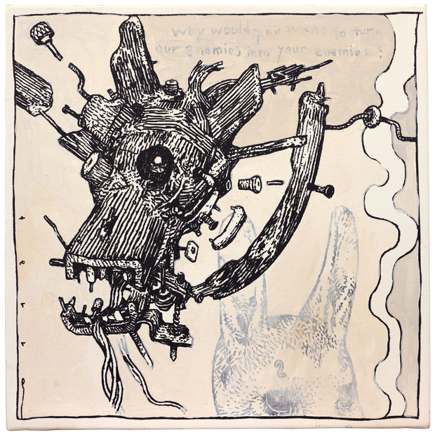 Painting of a robotic dragon head, detached from any body with many mechanical parts coming off of it. A stream of smoke comes up from the right side of the piece.