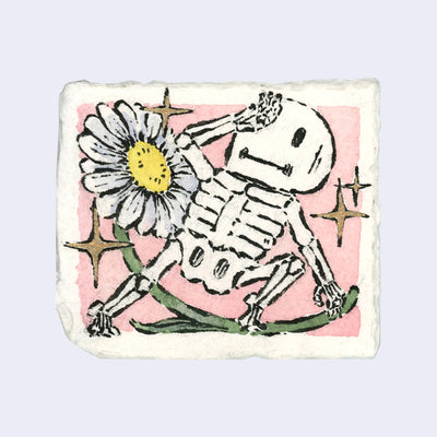 Ink and watercolor illustration of a small cartoon skeleton, standing atop the curved stem of a white daisy. Background is pink with gold sparkles.
