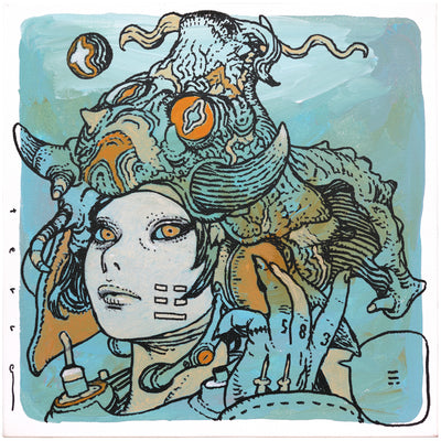 Painting with blues and oranges of a woman with a squid like creature atop her head, with horns coming out the side of its mouth. She holds her hands up to a pair of headphones with a microphone.