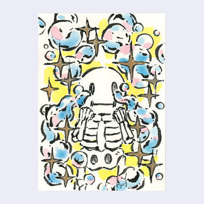 Ink and watercolor illustration of a small cartoon skeleton, crying tears of blue and pink bubbles. Bubbles surround it with gold sparkles on a yellow background.