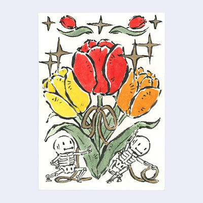 Ink and watercolor illustration of a bouquet of 3 tulips, with small cartoon skeletons decorating the scene. 