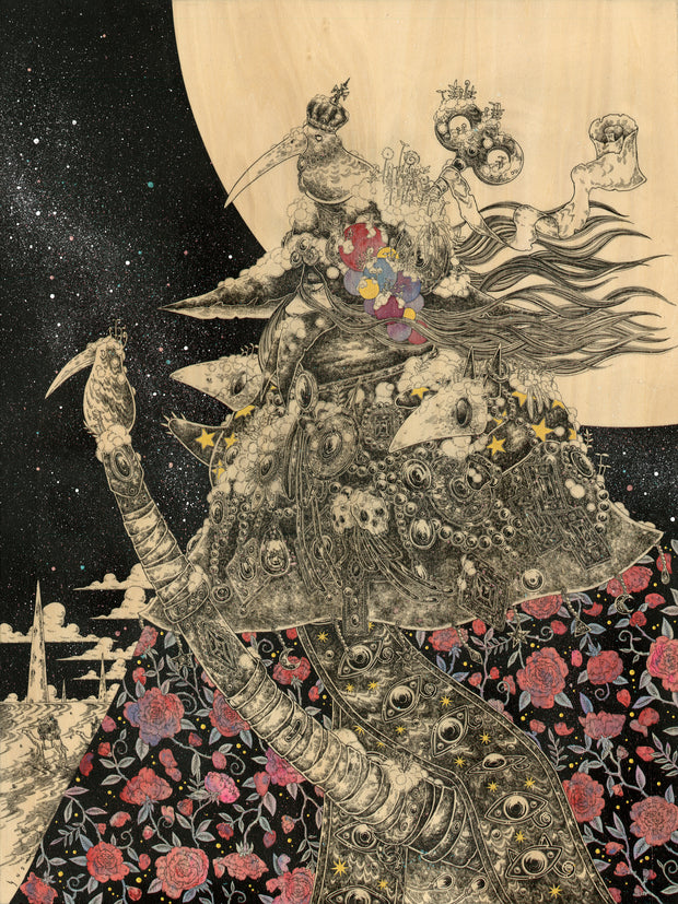 Ink illustration on wood panel of a figure wearing a floral cloak and a plague mask, with flowing hair behind. All around are sharp beaked birds and other creatures with plague masks. A large moon looms in the background.