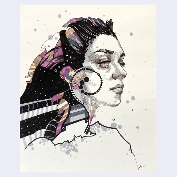 Ink drawing of the side profile of a woman, with graphically dark hair with accents of pink and orange.