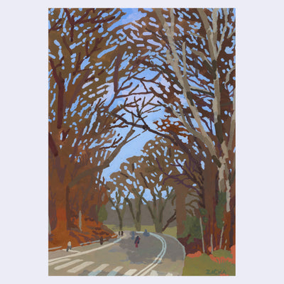 Plein air painting of an autumn scene with many large dark orange colored trees and a curving road under it.