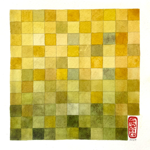Geometric watercolor painting of a grid of squares, yellow to green color scheme.