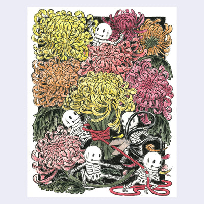 Ink and watercolor illustration of a bunch of chrysanthemums, yellow pink and orange. They are being tied together by many small skeleton characters, who decorate the scene.