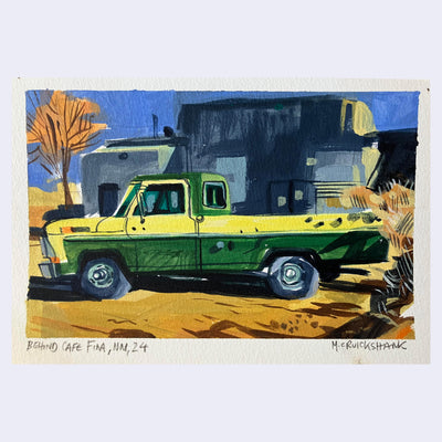 Plein air painting of a green and yellow old pick up truck in a dirt road, parked behind a gray building.