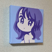 Painting done in solid purple toned color sections, like a cartoon. An anime style girl looks over her shoulder, visible only from the chest up.