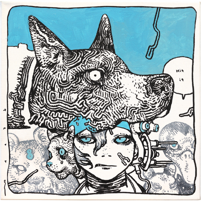 Painting on canvas of an androgynous person snarling, visible only from the neck up. Coming out the side of their head is a small blue eyed cat and atop their head is a large dog or wolf head, who has a speech bubble that says "Hit it"