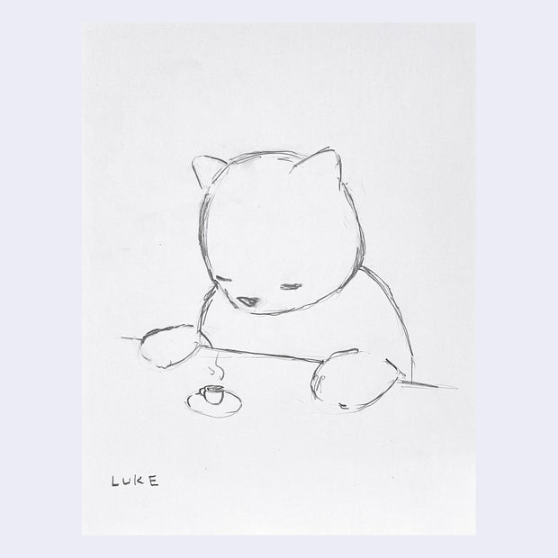 Graphite sketch of a bear sitting at a table, with a small cup of hot coffee in front of him.