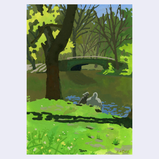 Plein air painting of a couple sitting on a green grassy slope, with water in front of them and a small bridge in the background. Many trees frame the scene.