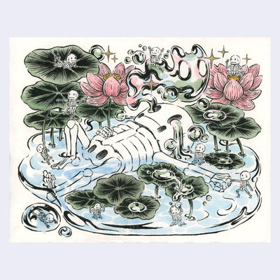 Ink and watercolor painting of a large cartoon skeleton, laying on the ground in a puddle of tears, with lily pads floating on top. Smaller skeleton decorate the scene and a cat shaped ghost comes out of the big skeleton's eye.