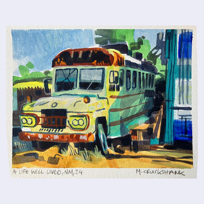 Plein air painting of an old white bus with blue cast shadows on it. Its parked in dirt in between corrugated metal buildings.