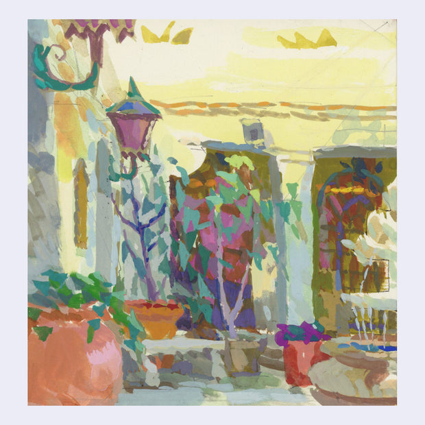 Plein air painting of several small potted trees with sparse leaves in front of a yellow building with archways and a fountain in the foyer area. 