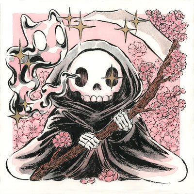 Ink and watercolor illustration of a cartoon grim reaper holding a scythe made from the branch of a cherry blossom tree. All around are pink cherry blossoms and a cat ghost comes out of the reaper's eye.