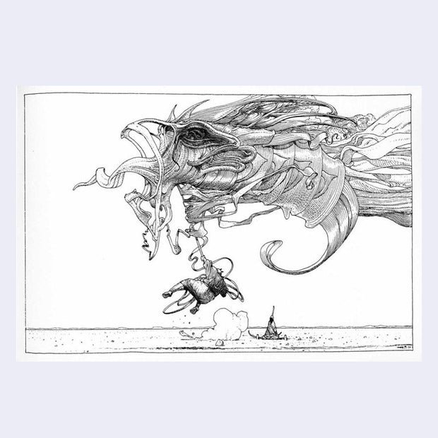 Line art illustration of a person fighting a large wispy dragon like creature in the open desert.