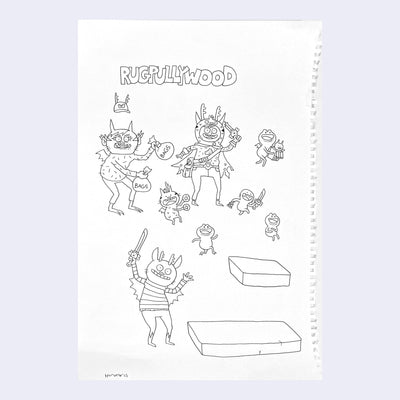 Series of pen line sketches on paper of Uglydoll characters with text that reads "Rugpullywood."