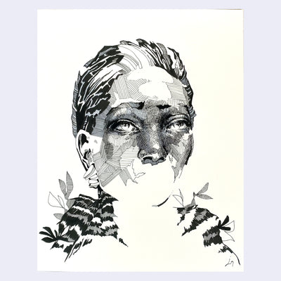 Partially finished ink drawing of a woman with tan skin, looking off to the side and drawn with cross hatching.