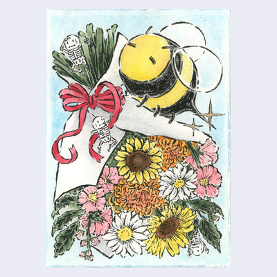Ink and watercolor illustration of an upside down bouquet of flowers, tied neatly with a red bow. A very large, cute bee sits atop the wrapping and many small skeletons decorate the scene.