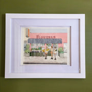 Ink and watercolor illustration of a flower shop exterior, with 3 girls standing in front of it in matching outfits. One holds a bouquet of yellow flowers and the other has a green plant in her bag. Piece is matted into a white frame.