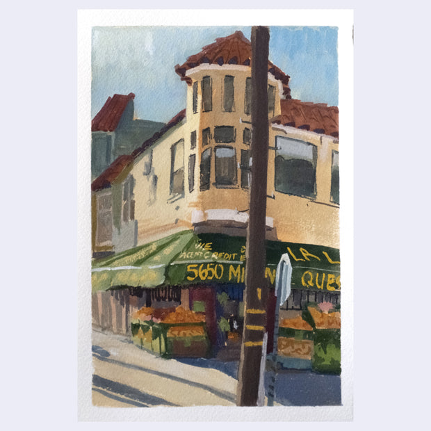 Plein air painting of a corner building in San Francisco, with a market on the bottom floor with lots of fruits in stands on the sidewalk.