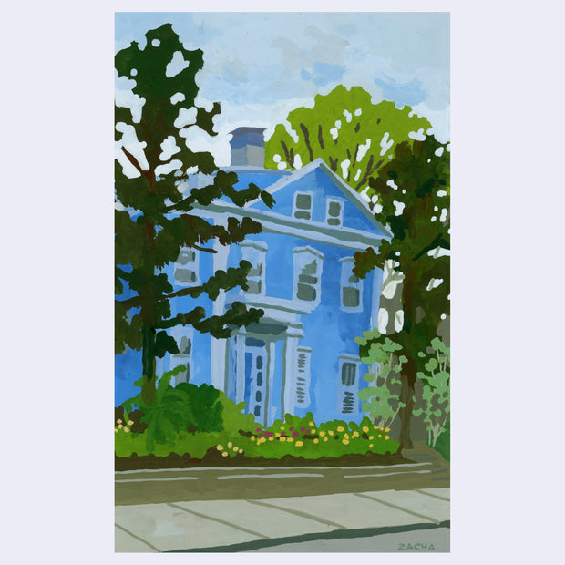 Plein air painting of a blue 3 story house with white trim and a columned entryway. The sidewalk is lined with plants, flowers and large trees.
