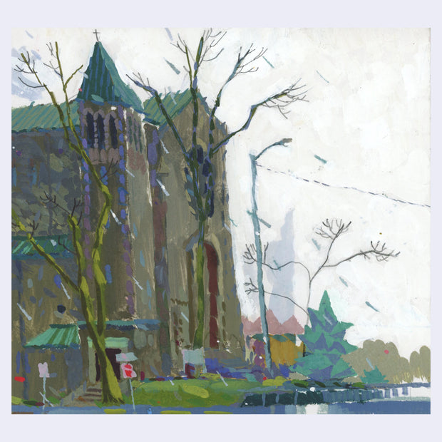 Plein air painting of a large brown church with a green roof and bare trees in front. Rain falls over the scene.