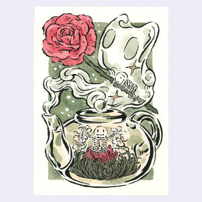 Ink and watercolor illustration of a glass tea kettle, with a blooming flower steeping in the center with a small skeleton sitting on it. Smoke shaped like a cat ghost comes out of the kettle. A large red flower is held over the pot.