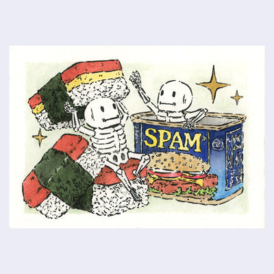 Ink and watercolor illustration of an open can of spam next to a pile of spam musubi, one with egg in it. A skeleton pops out of the can and another sits on the spam musubi and lifts one overhead.