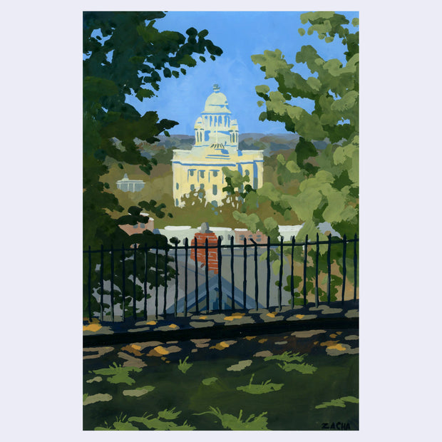 Plein air painting of the Capitol building in Washington DC, viewed from a shady park with lots of trees and grass. A fence separates the foreground from the background.