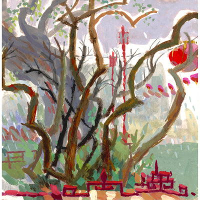 Plein air painting of a tree with no leaves but many twisted branches. A red ornate gate frames the tree and red lanterns hang in the scene.