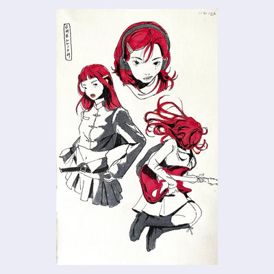 Marker sketch of 3 girls with red hair, in the same outfit and different positions. One plays guitar.